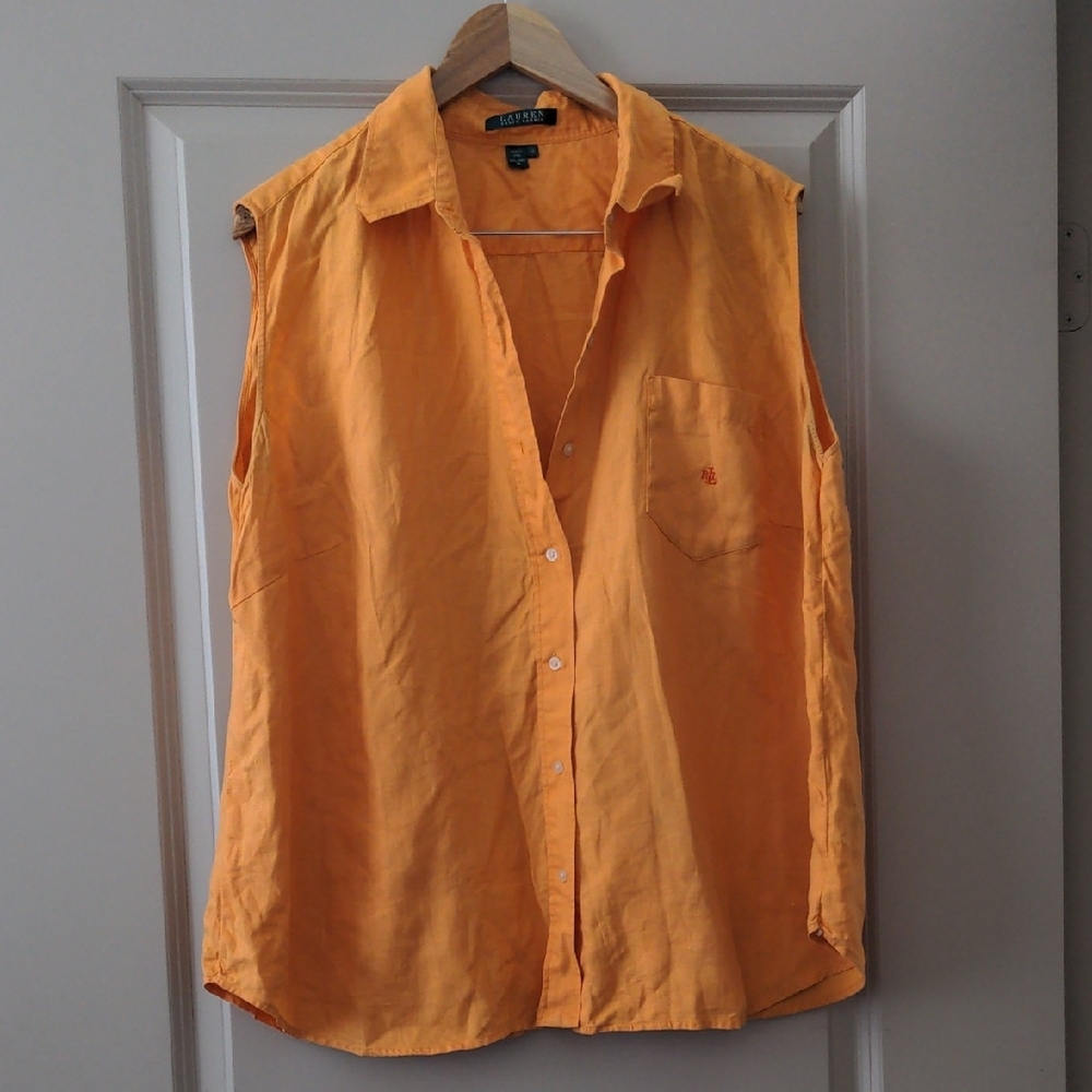 Ralph Lauren Women's Orange Button-Down Sleeveless Shirt - Picture 4 of 8
